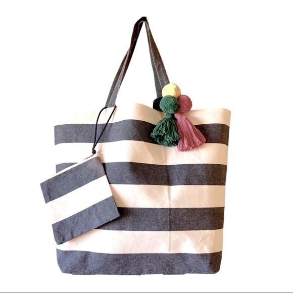 Canvas Tote Beach Bag Shopper in Blue & White Stripes w/ Tassels & Pom Poms